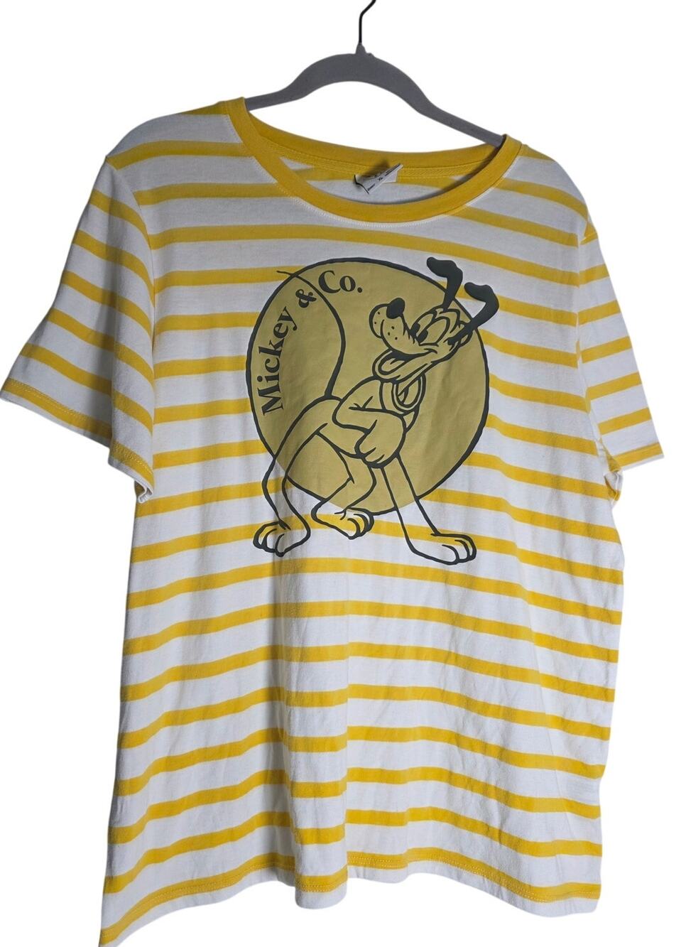 Disney Mickey & Co Pluto Tee Adult XL Yellow White Stripe Y2K Vintage Style